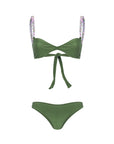 Green bikini top with back tie and multicolor beaded shoulder straps – elegant and playful swimwear- European summer