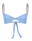 Light blue bikini top with back tie and multicolor beaded shoulder straps – elegant and playful swimwear- European summer