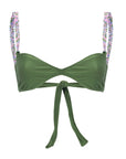 Green bikini top with back tie and multicolor beaded shoulder straps – elegant and playful swimwear- European summer
