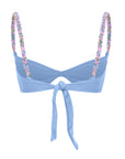 Light blue bikini top with back tie and multicolor beaded shoulder straps – elegant and playful swimwear- European summer