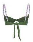 Green bikini top with back tie and multicolor beaded shoulder straps – elegant and playful swimwear- European summer