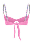 Pink bikini top with back tie and multicolor beaded shoulder straps – elegant and playful swimwear- European summer