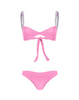 Pink bikini top with back tie and multicolor beaded shoulder straps – elegant and playful swimwear- European summer