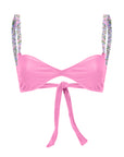 Pink bikini top with back tie and multicolor beaded shoulder straps – elegant and playful swimwear- European summer
