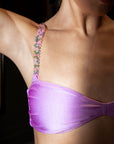 Lilac bikini top with back tie and multicolor beaded shoulder straps – elegant and playful swimwear- European summer