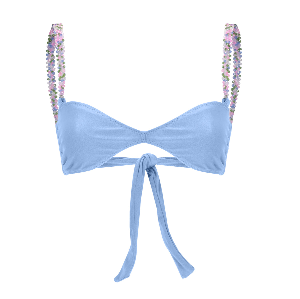 Light blue bikini top with back tie and multicolor beaded shoulder straps – elegant and playful swimwear- European summer 