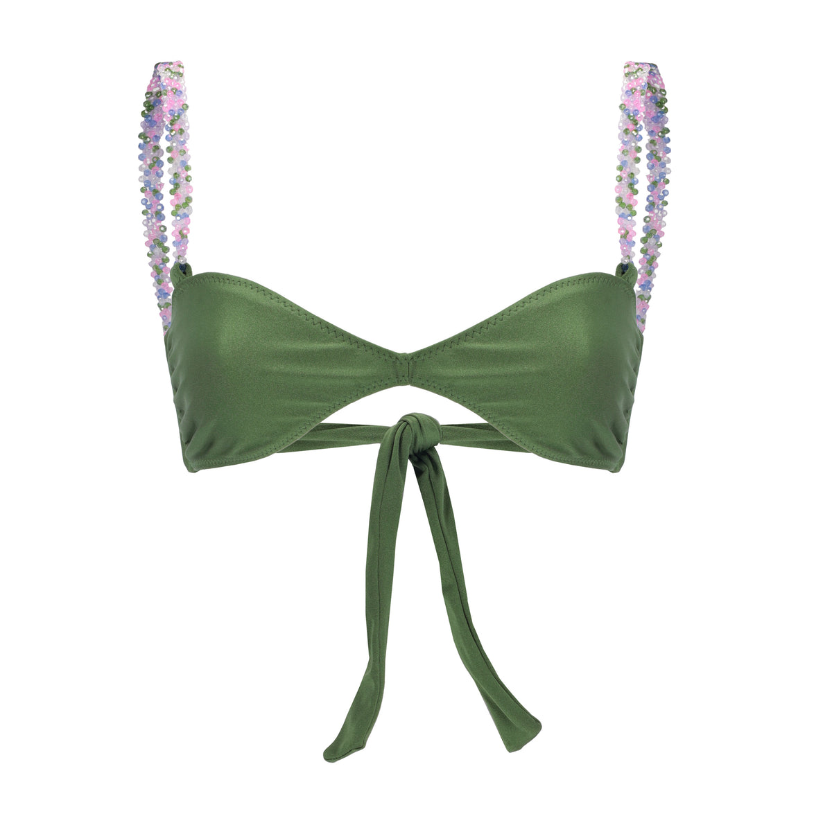 Green bikini top with back tie and multicolor beaded shoulder straps – elegant and playful swimwear- European summer 