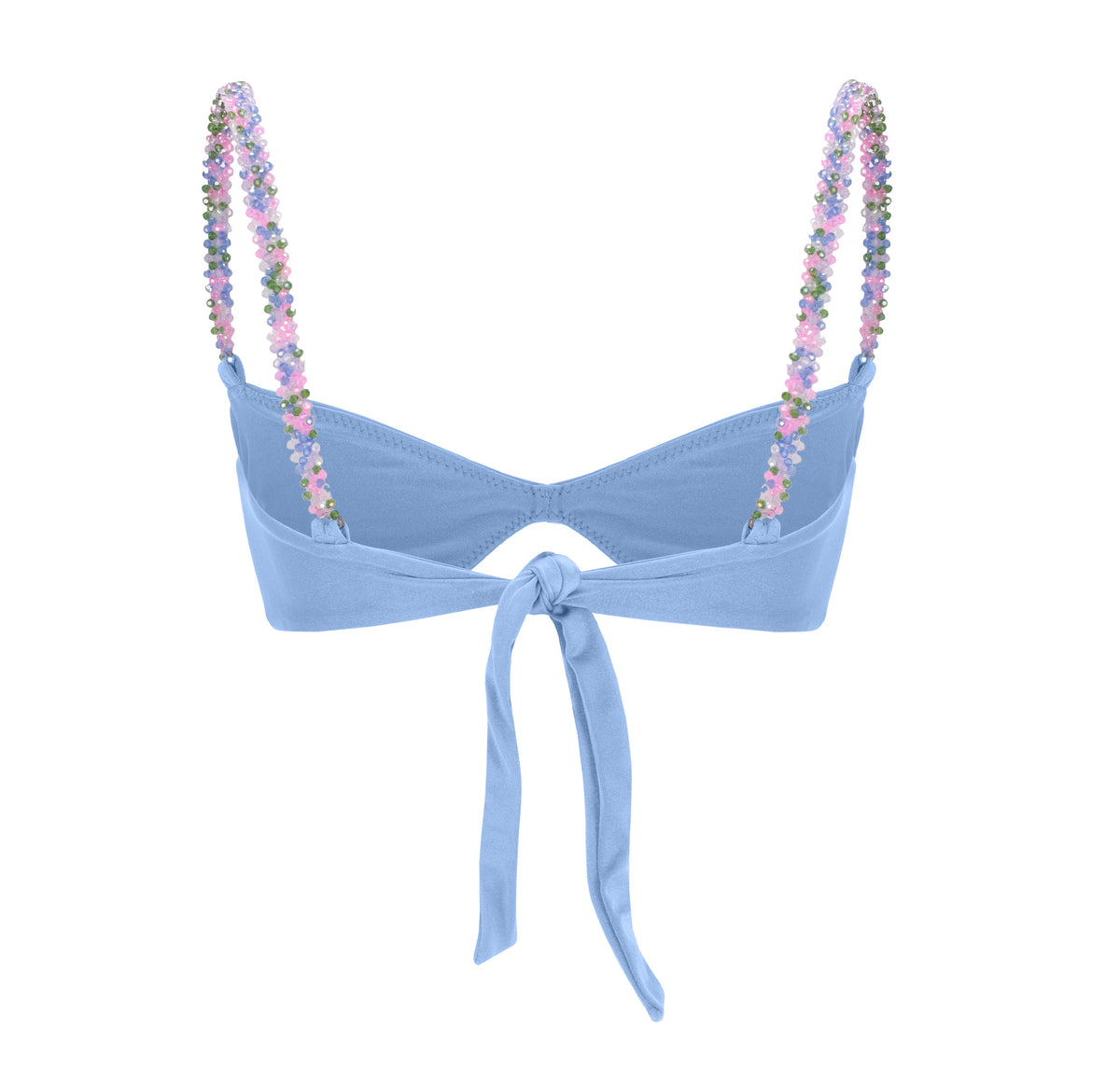 Light blue bikini top with back tie and multicolor beaded shoulder straps – elegant and playful swimwear- European summer 