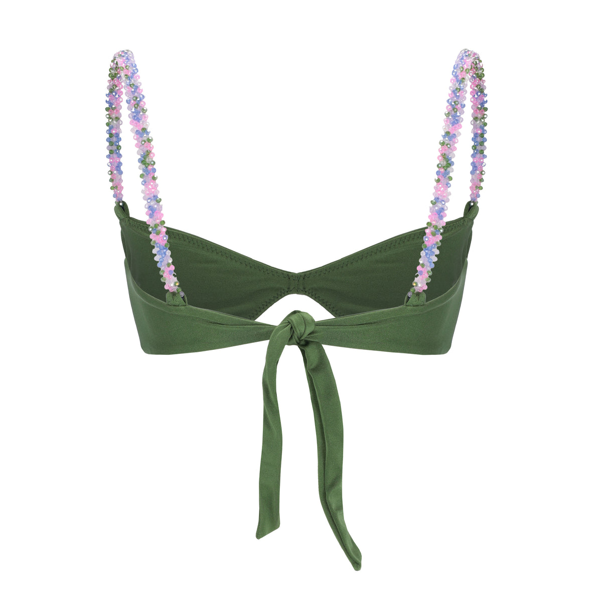 Green bikini top with back tie and multicolor beaded shoulder straps – elegant and playful swimwear- European summer 