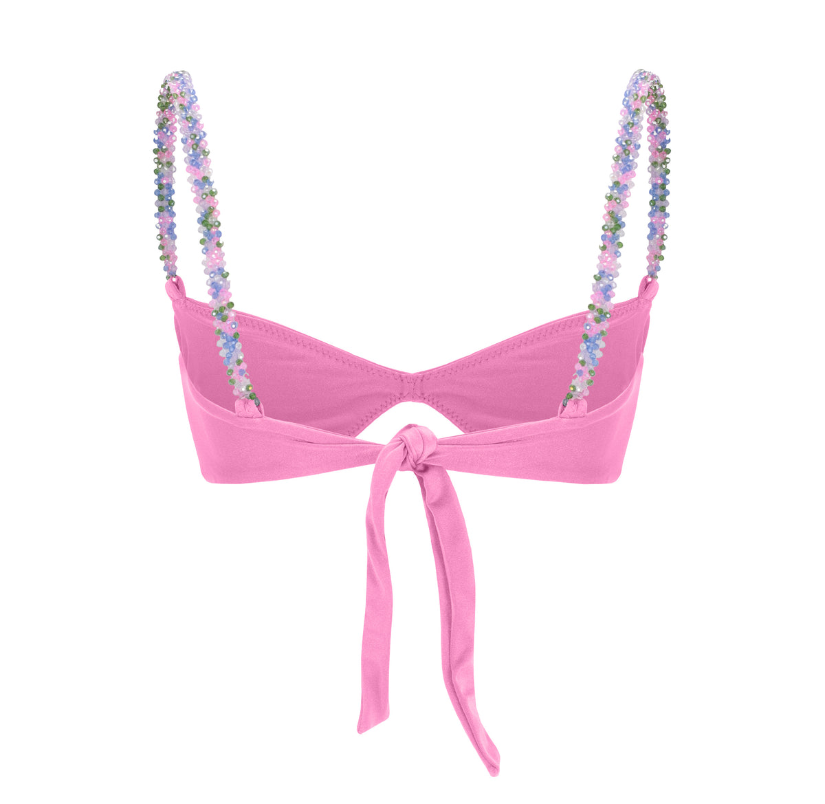 Pink bikini top with back tie and multicolor beaded shoulder straps – elegant and playful swimwear- European summer