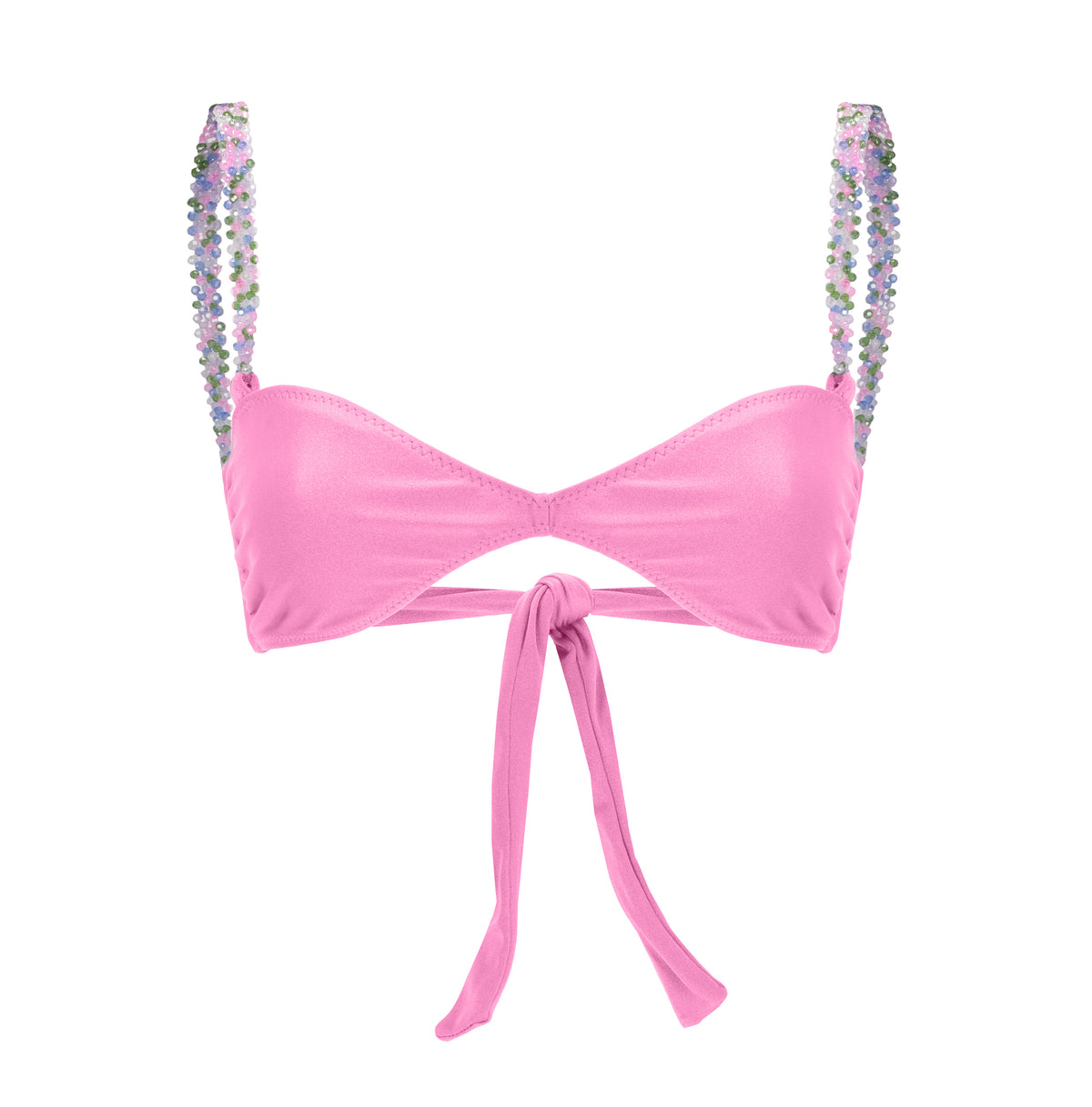Pink bikini top with back tie and multicolor beaded shoulder straps – elegant and playful swimwear- European summer 