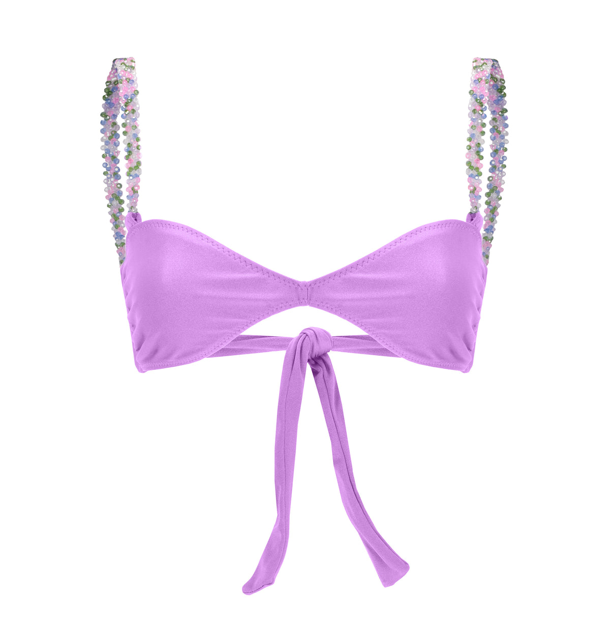 Lilac bikini top with back tie and multicolor beaded shoulder straps – elegant and playful swimwear- European summer 